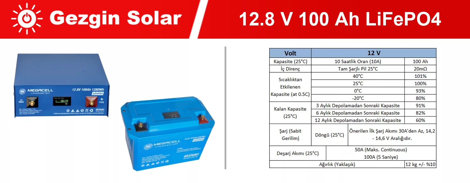 Gezgin Solar Lityum Demir Fosfat Akü 12.8 V 100 Ah LiFePO4