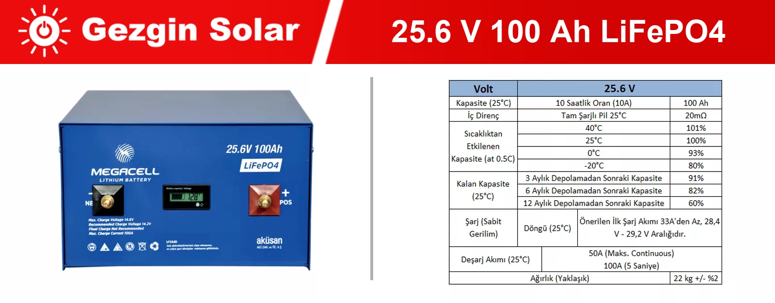 Gezgin Solar Lityum Demir Fosfat Akü 25.6 V 100 Ah LiFePO4