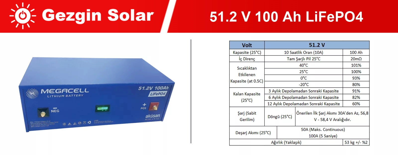 Gezgin Solar Lityum Lityum Demir Fosfat Akü 51.2 V 100 Ah LiFePO4